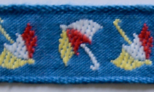 3/4" Azure Umbrellas Woven Cotton Ribbon (Made in France)