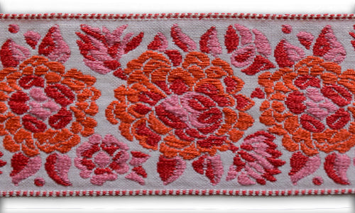 2 1/4" Crimson & Pink Peonies Woven Cotton Ribbon