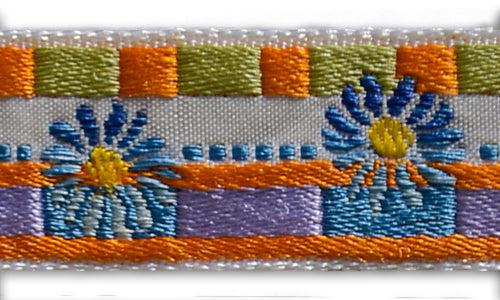 3/4" Checkered Blue Daisy Woven Ribbon (Made in France)