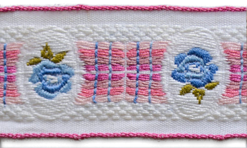 1 1/2" Pink Plaid & Pansies Woven Cotton Ribbon