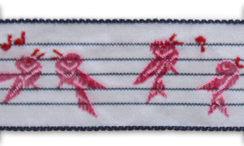 1" Musical Pink Warblers Woven Cotton Ribbon