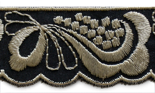 1" Black Sophisticated Embroidered Scallops Woven Trim