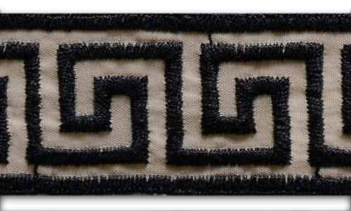 1 1/4" Sophisticated Embroidered Black Greek Keys Woven Cotton Blend Trim