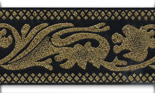 2" Metallic Gold Scrolls Black Woven Ribbon