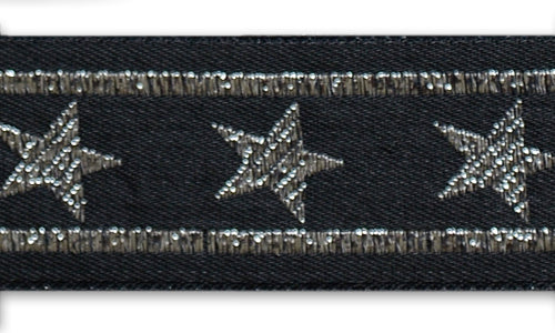 1" Metallic Silver Stars Black Woven Ribbon