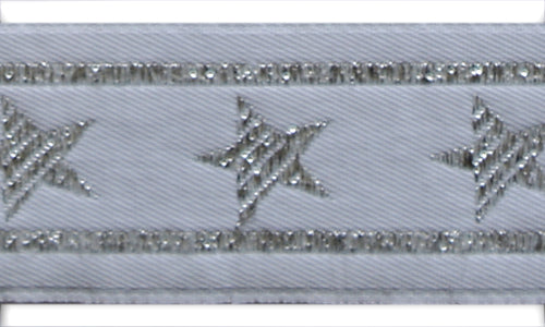 1" Metallic Silver Stars White Woven Ribbon