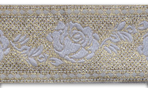 1 3/4" White Roses on Pale Gold Metallic Woven Ribbon