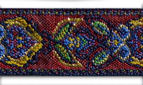 3/4" Gold Alpine Floral Medallions Cherry Red Woven Ribbon