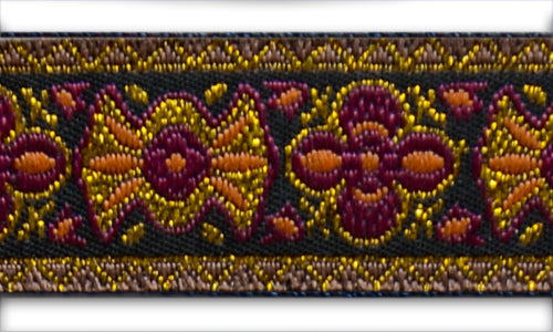 3/4" Gold, Orange & Fuchsia Floral Medallions Black Woven Ribbon