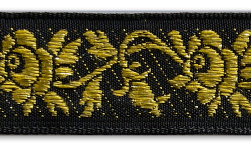 7/8" Gold Metallic Climbing Roses Black Woven Ribbon