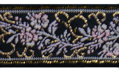 1 1/8" Vining Pink & Lavender Flowers Gold Metallic Black Woven Ribbon