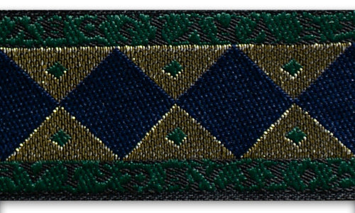 1" Metallic Gold Royal Blue Diamonds Woven Ribbon