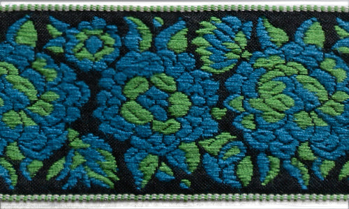 2 1/4"  Vivid Floral Cobalt & Leaf Green Woven Cotton Ribbon