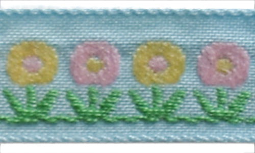 1/2" Perky Pink & Yellow Circular Flowers Light Blue Woven Ribbon (Made in Japan)