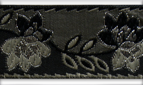 1 1/4" Sand & Metallic Silver Falling Leaves Black Woven Ribbon (Made in France)