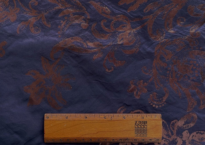 36" Panel - Moody Plum & Copper Metallic Floral Scrolls Polyester Blend Taffeta (Made in Italy)