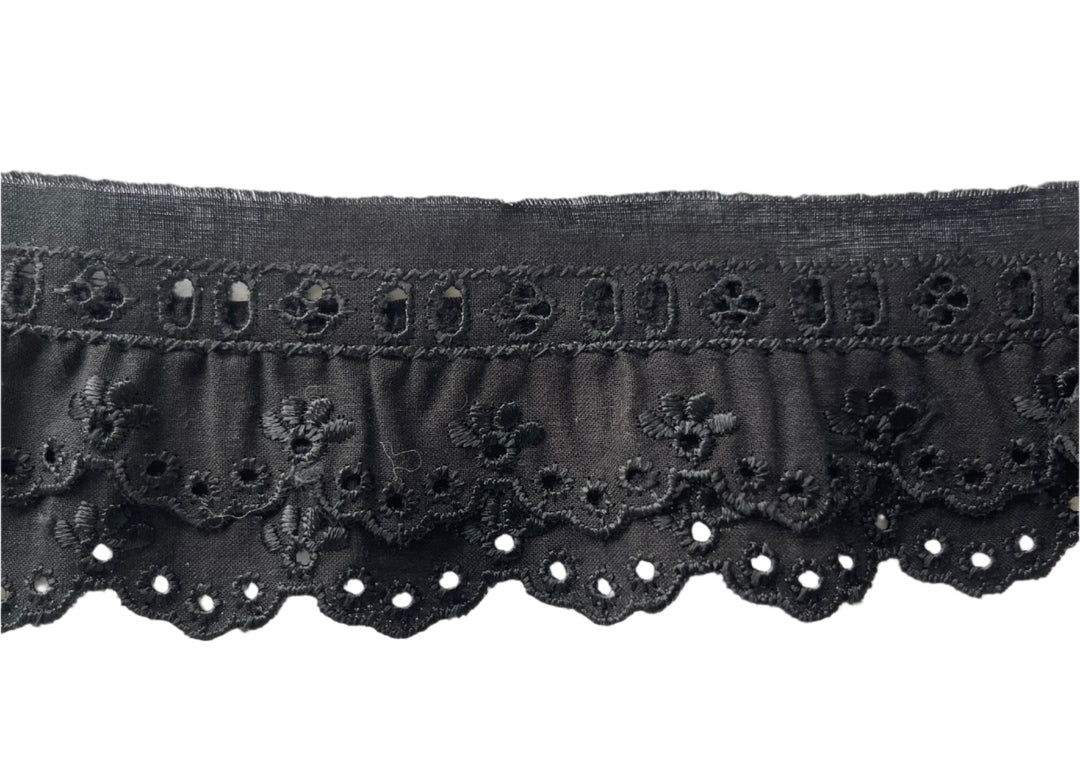 2 1/4" Black Double Gathers Scalloped Cotton Eyelet Trim (Made in Italy)