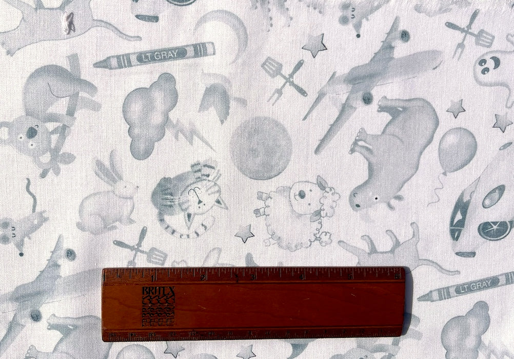 Grey I Spy Creatures & Stuff on White Quilting Cotton