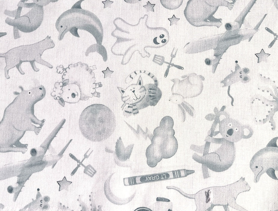 Grey I Spy Creatures & Stuff on White Quilting Cotton