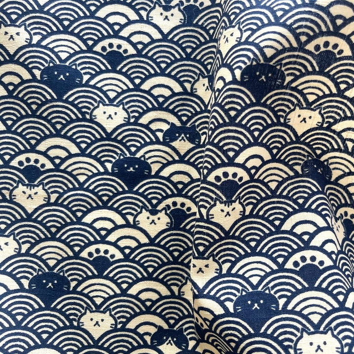 Cosmo Cat Seigaiha Waves Navy Cotton Dobby (Made in Japan)