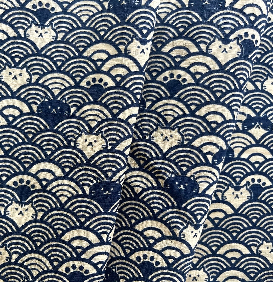 Cosmo Cat Seigaiha Waves Navy Cotton Dobby (Made in Japan)