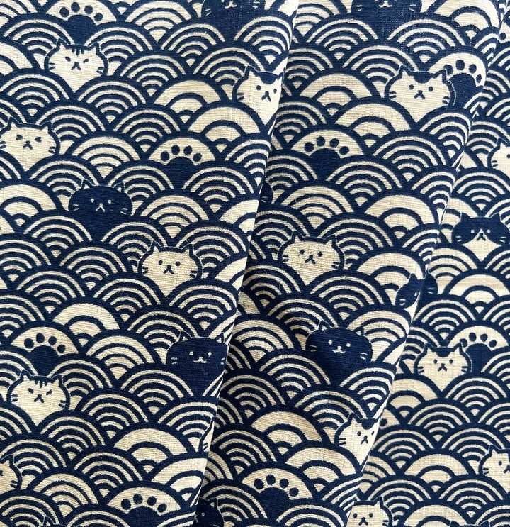 Cosmo Cat Seigaiha Waves Navy Cotton Dobby (Made in Japan)