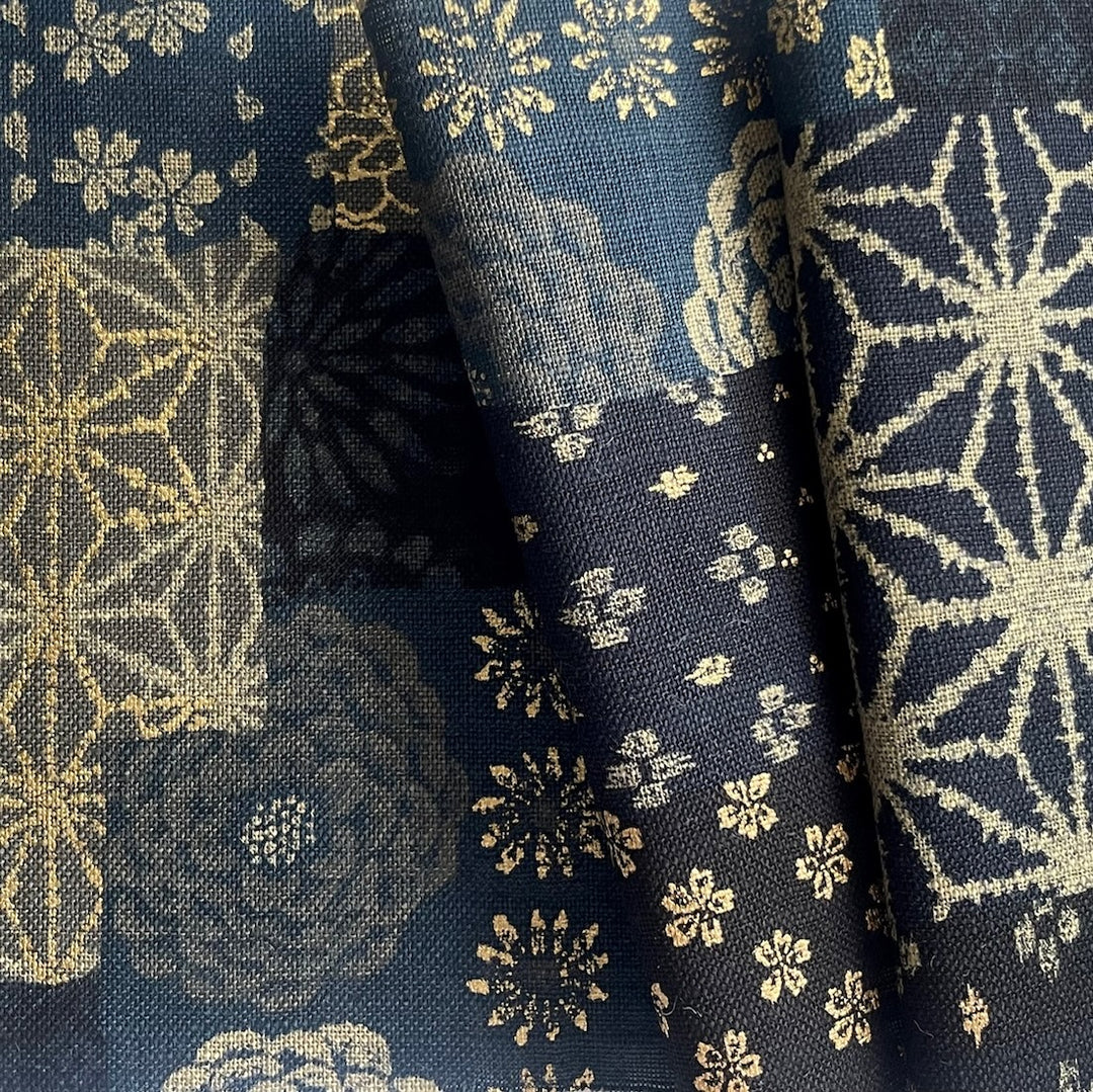 Nara Indigo Floral Patchwork Collage Cotton Dobby (Made in Japan)