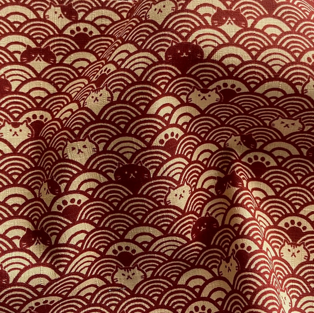 Cosmo Cat Seigaiha Waves Brick Red Cotton Dobby (Made in Japan)