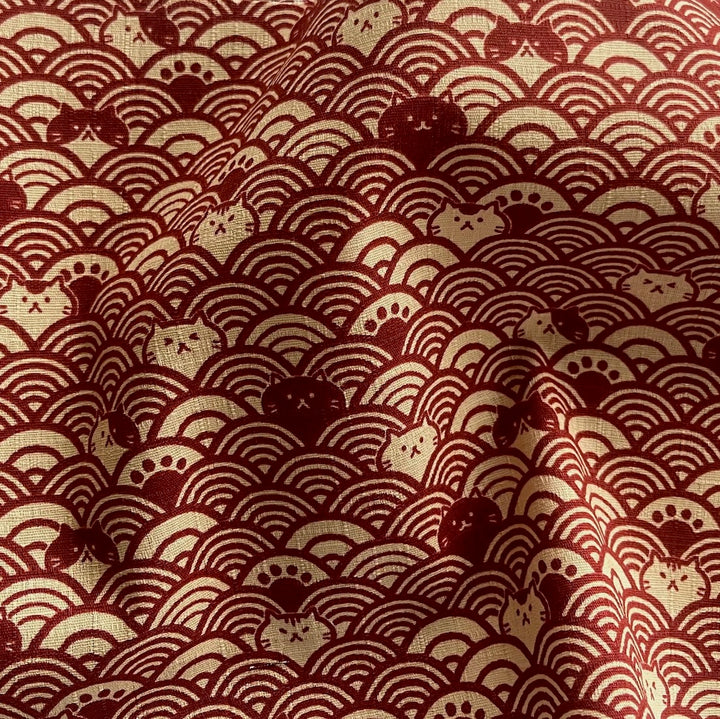 Cosmo Cat Seigaiha Waves Brick Red Cotton Dobby (Made in Japan)