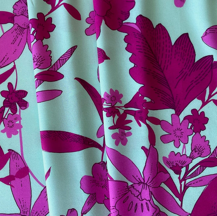 Couture Raspberry Orchids on Celestial Aqua Stretch Silk Satin Charmeuse (Made in Italy)