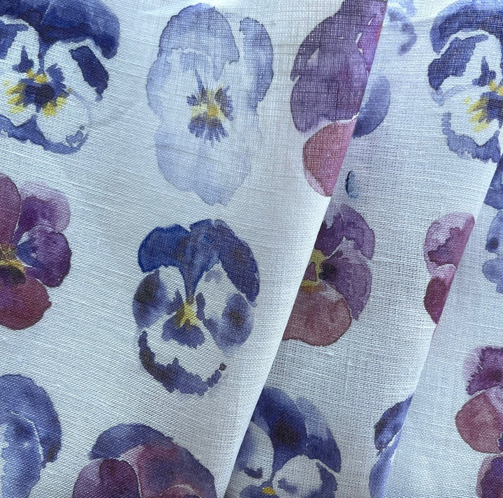 Light to Mid-Weight Rows of Delicate Pansies on White Linen (Made in Poland)