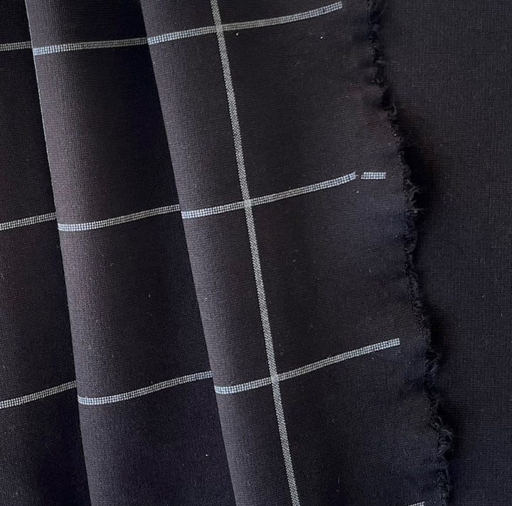 Black & White Windowpane Plaid Rayon Viscose Blend Ponte Double-Knit (Made in Italy)