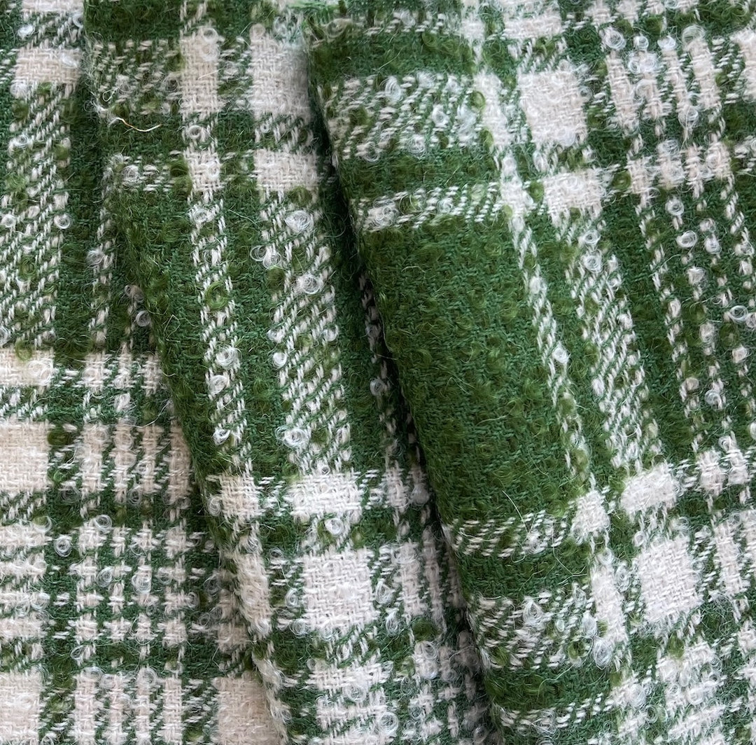 Mid-Weight Plaid Fresh Basil & Parchment Wool Bouclé (Made in Italy)