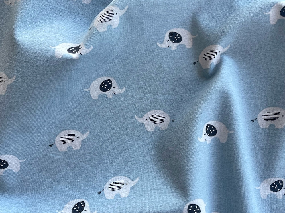 Lucky Elephants on Sky Blue Cotton Knit (Made in the Netherlands)
