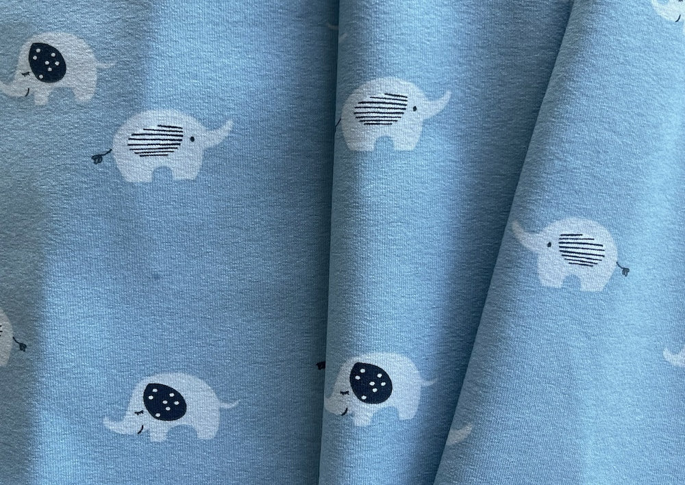 Lucky Elephants on Sky Blue Cotton Knit (Made in the Netherlands)