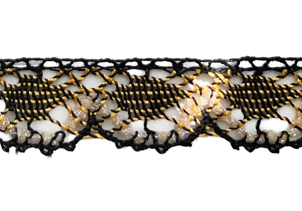 7/8" Gossamer Gold & Black Crocheted Edging Trim (Made in France)