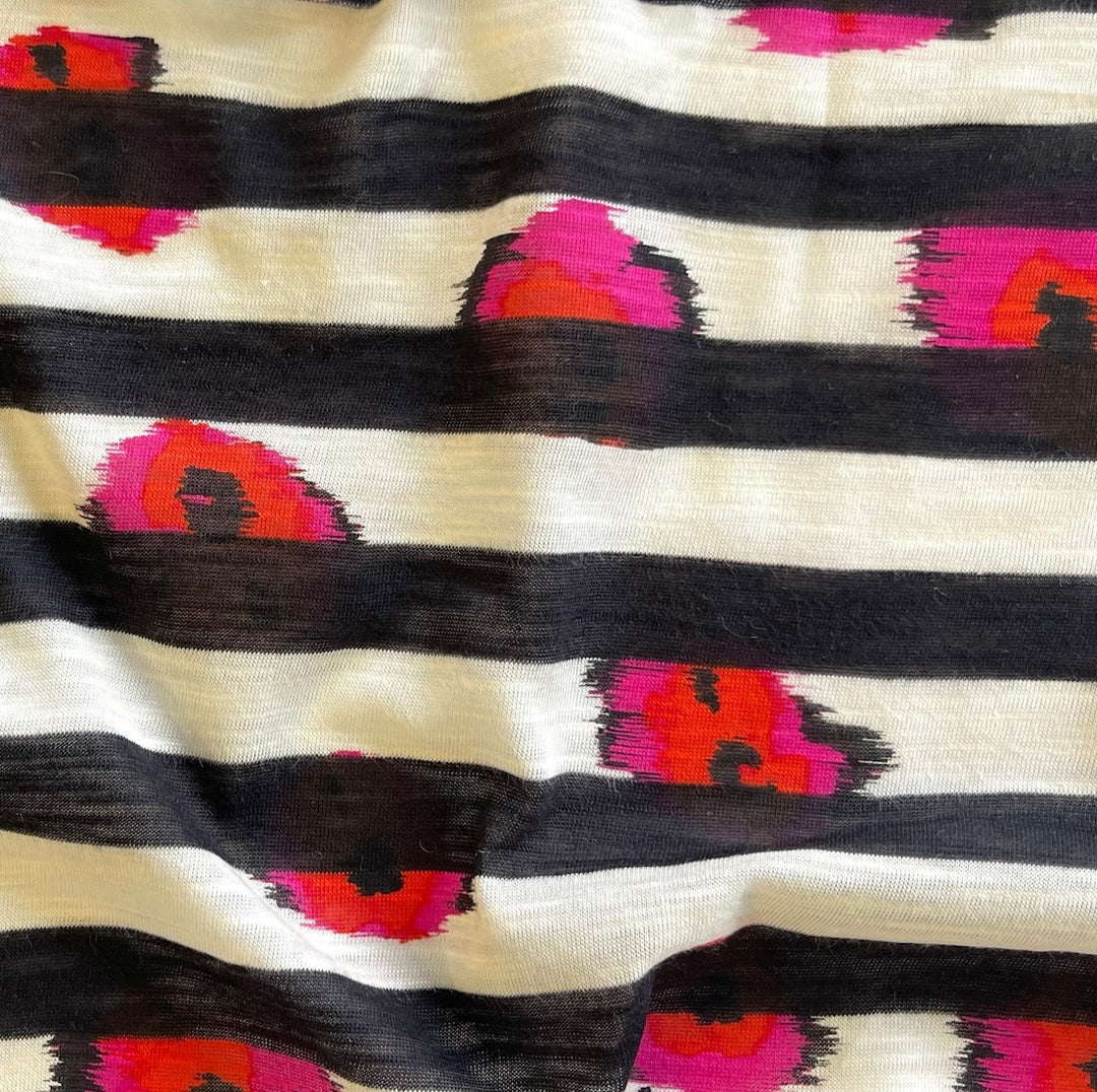 Striped Cherry Flowered Natural Cotton Tissue Jersey Knit (Made in Japan)