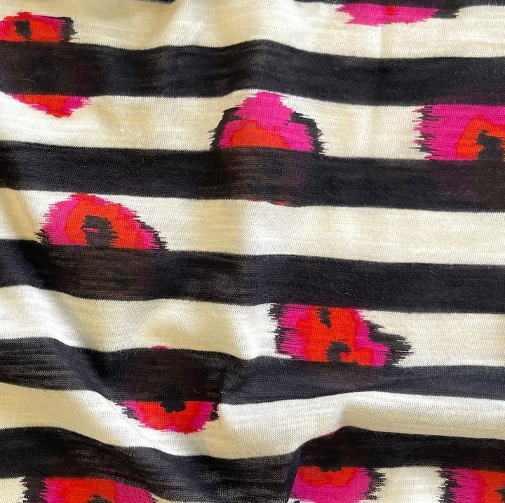 Striped Cherry Flowered Natural Cotton Tissue Jersey Knit (Made in Japan)