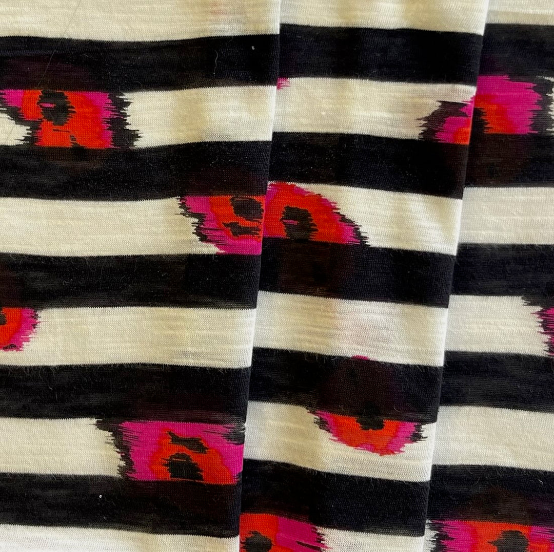 Striped Cherry Flowered Natural Cotton Tissue Jersey Knit (Made in Japan)