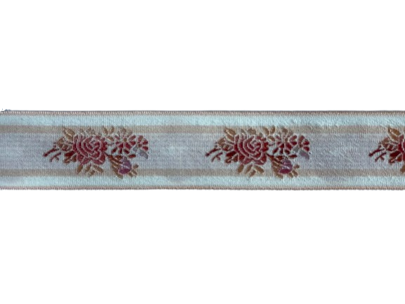 1" Red Ombré Roses on Striped Woven Ribbon (Made in France)