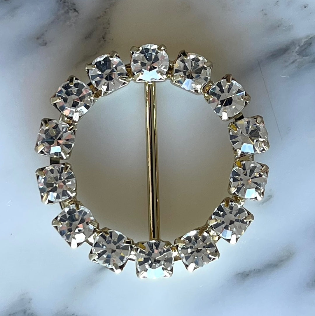 1" Clear Rhinestone & Gold Round Metal Buckle