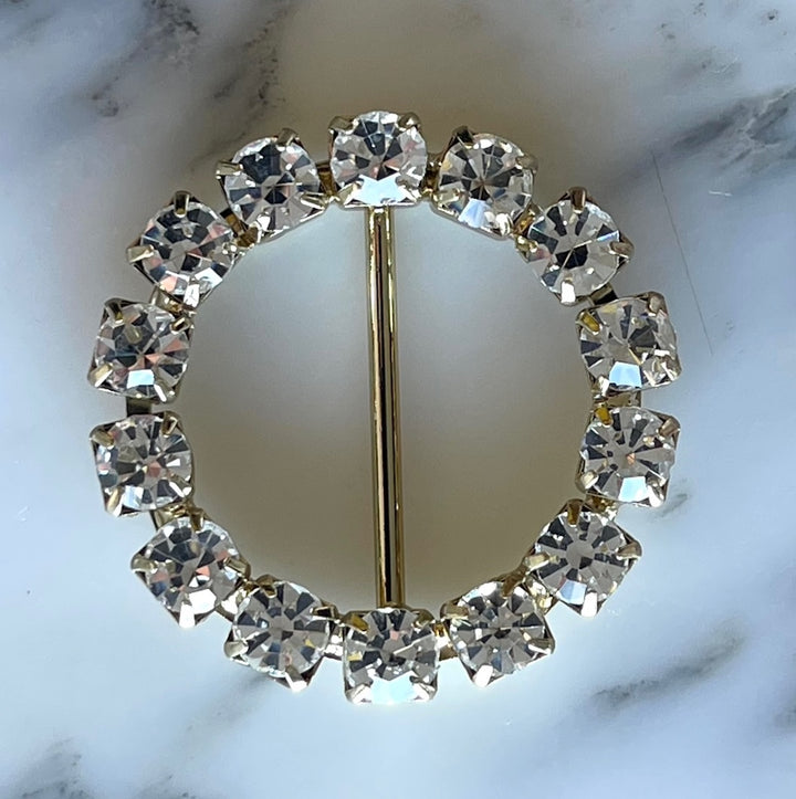 1" Clear Rhinestone & Gold Round Metal Buckle