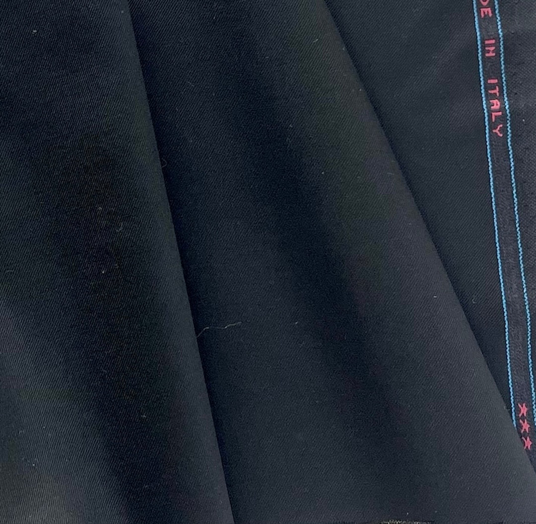 Lighter-Weight Jet Black Selvedged Super 150s Wool Twill (Made in Italy)