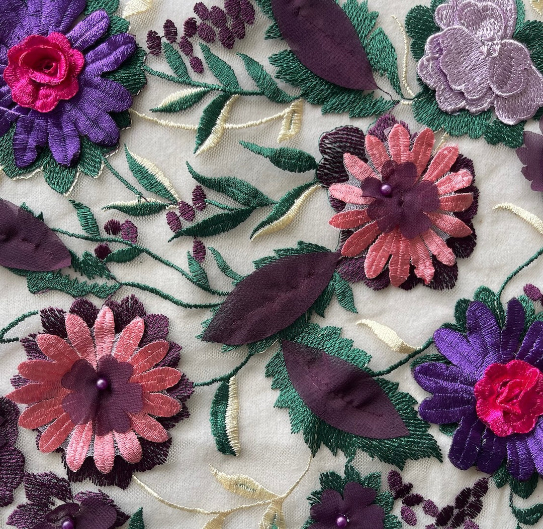Embroidered Abundent Summer Garden on Beaded Peach Polyester Mesh (Made in Korea)