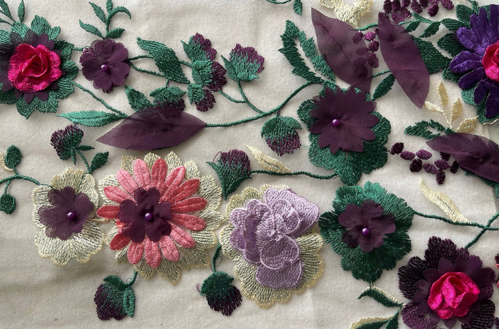 Embroidered Abundent Summer Garden on Beaded Peach Polyester Mesh (Made in Korea)