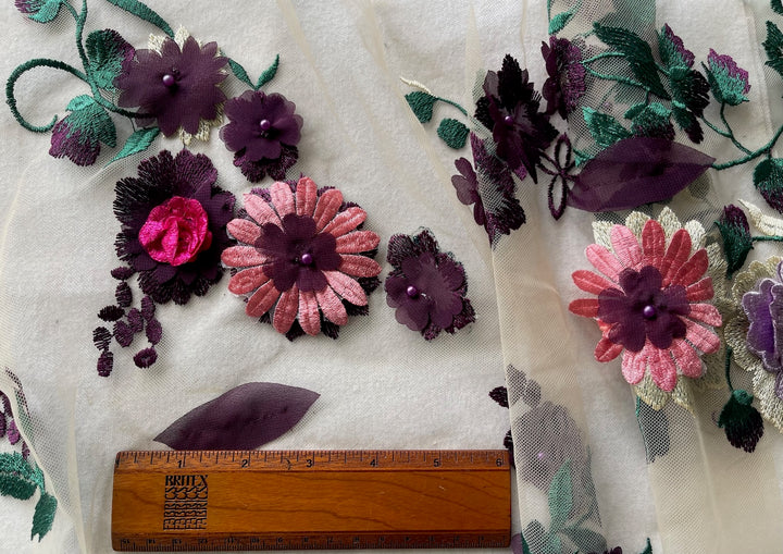 Embroidered Abundent Summer Garden on Beaded Peach Polyester Mesh (Made in Korea)
