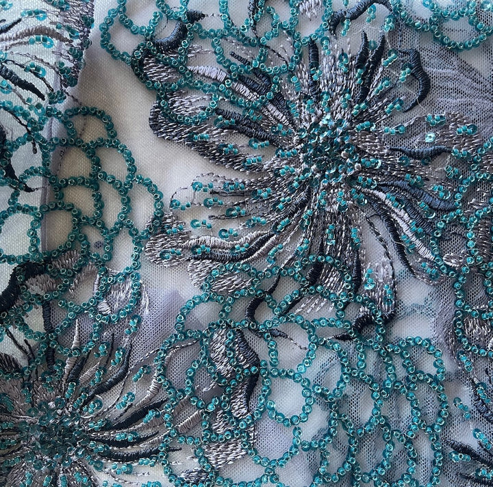 Embroidered Teal Blooms on Beaded & Sequined Amethyst Nylon Mesh (Made in Korea)