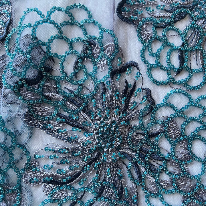 Embroidered Teal Blooms on Beaded & Sequined Amethyst Nylon Mesh (Made in Korea)