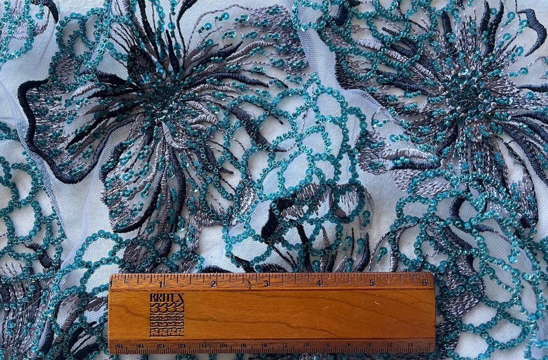 Embroidered Teal Blooms on Beaded & Sequined Amethyst Nylon Mesh (Made in Korea)