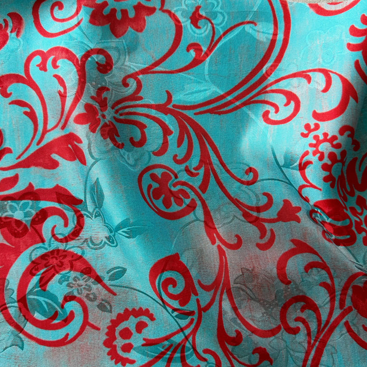 Crimson Scrolls on Persian Turquoise Silk Satin Charmeuse Jacquard (Made in Italy)